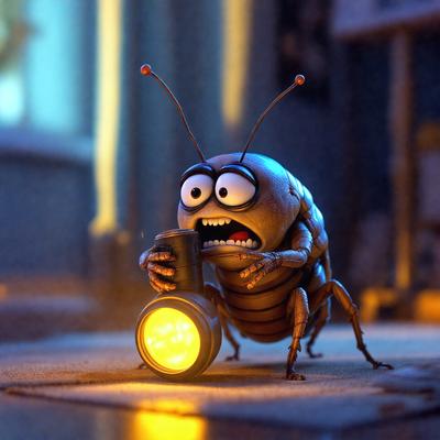 The primary subject of the image is a small, angry-looking insect, possibly a grasshopper or a beetle, holding a can in its mouth. The insect is standing on a carpet, which serves as the setting for the scene. The visual style of the image is a combination of photo and digital art, creating a unique and interesting appearance. The colors in the image are predominantly dark, with the insect being the main focus, and the carpet providing a contrasting background. The overall atmosphere of the image is inten